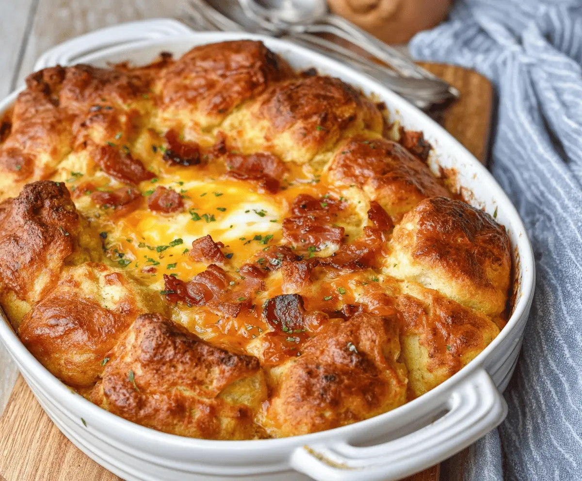Delicious Bacon Egg and Cheese Biscuit Bake served on a plate for breakfast.