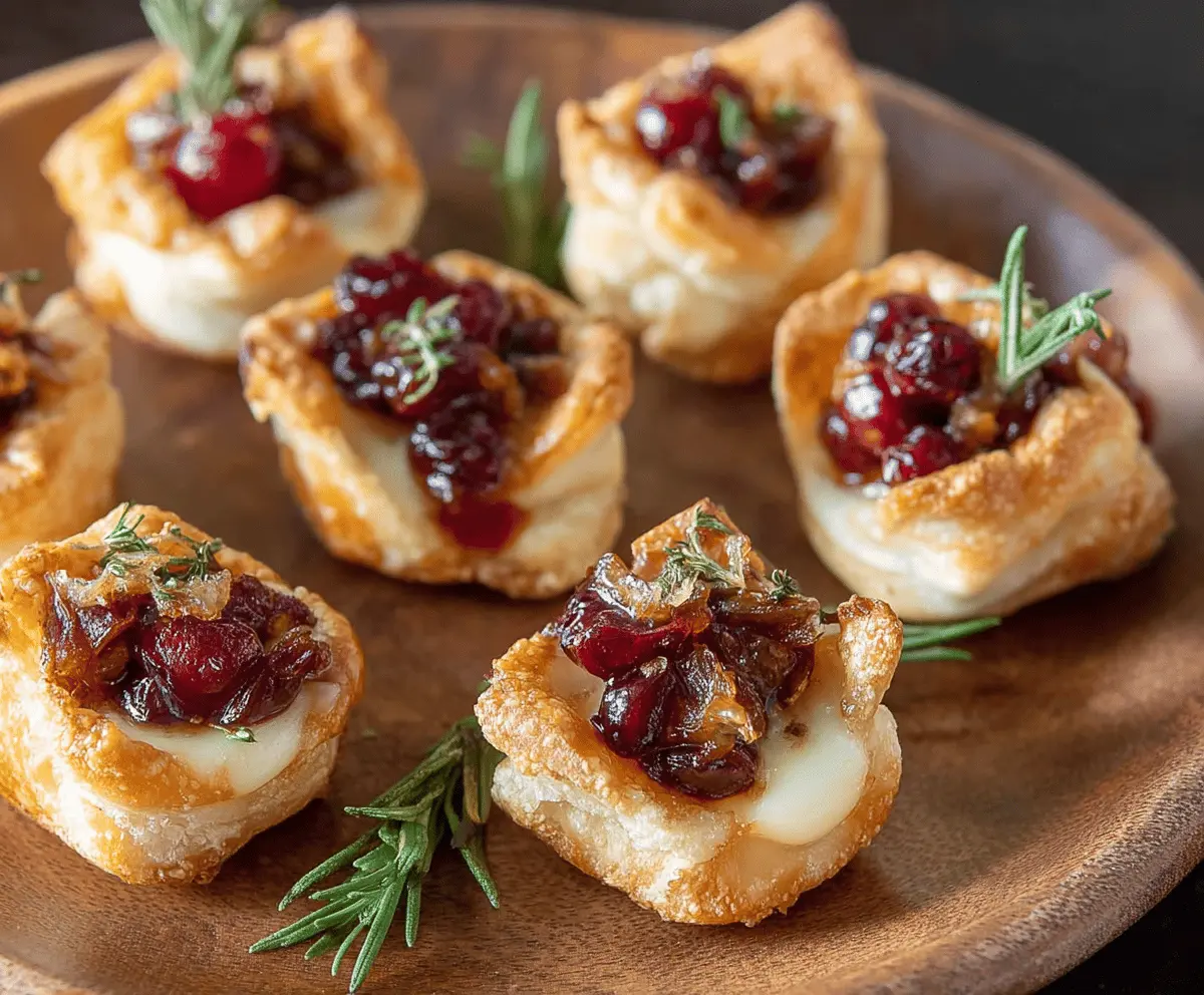 Delicious baked cranberry brie bites garnished with fresh herbs on a festive platter.