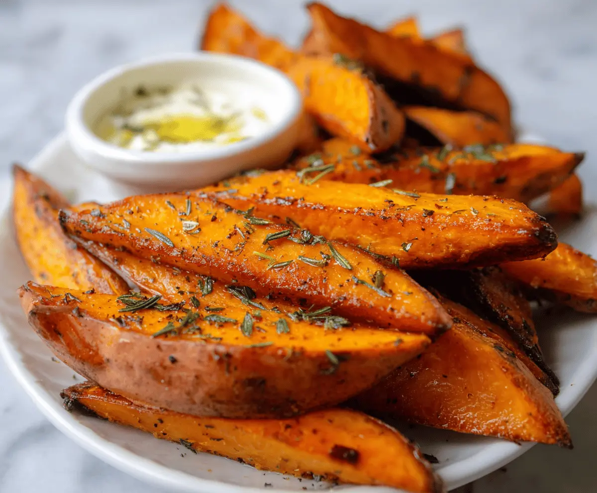 Golden baked sweet potato wedges with crispy edges and a side of fresh herbs.