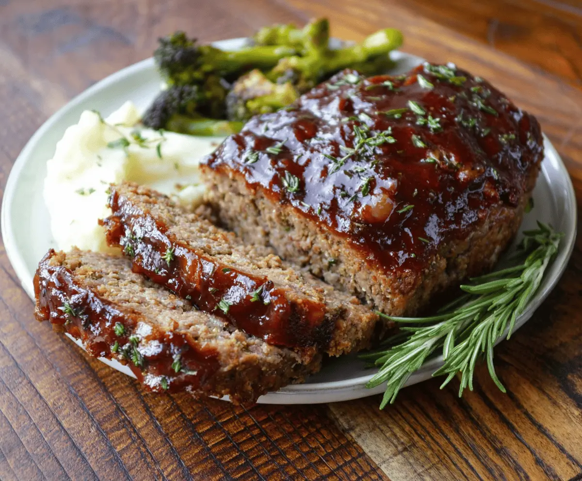 Delicious Balsamic Glazed Meatloaf topped with fresh herbs on a rustic plate.