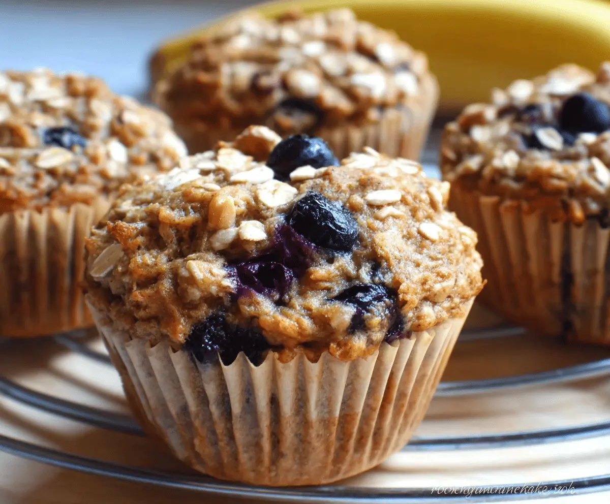 Homemade banana blueberry oatmeal muffins on a baking tray, perfect for healthy breakfast or snack.