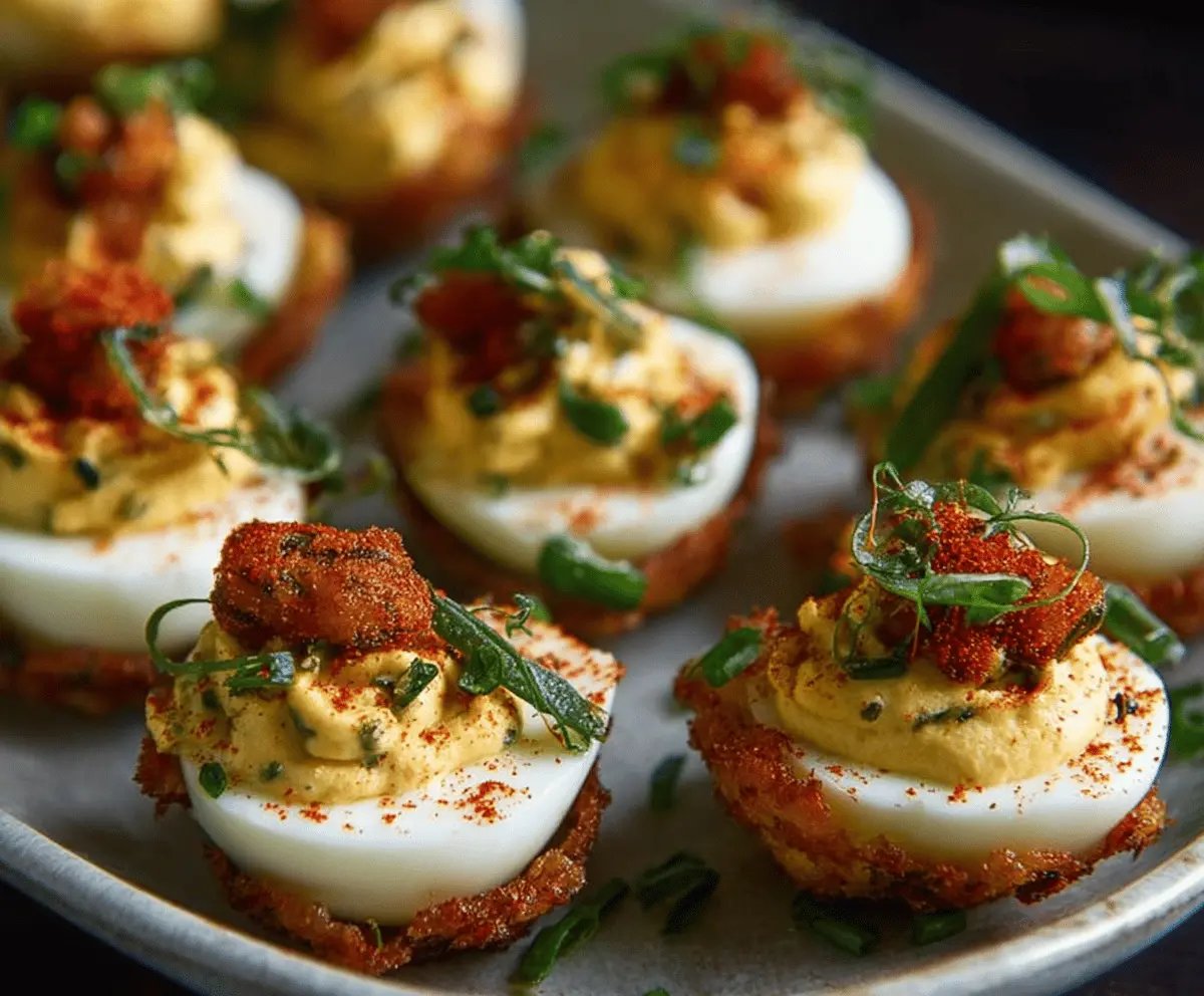 Bayou-inspired deviled eggs garnished with herbs and spices, perfect for a Southern appetizer.