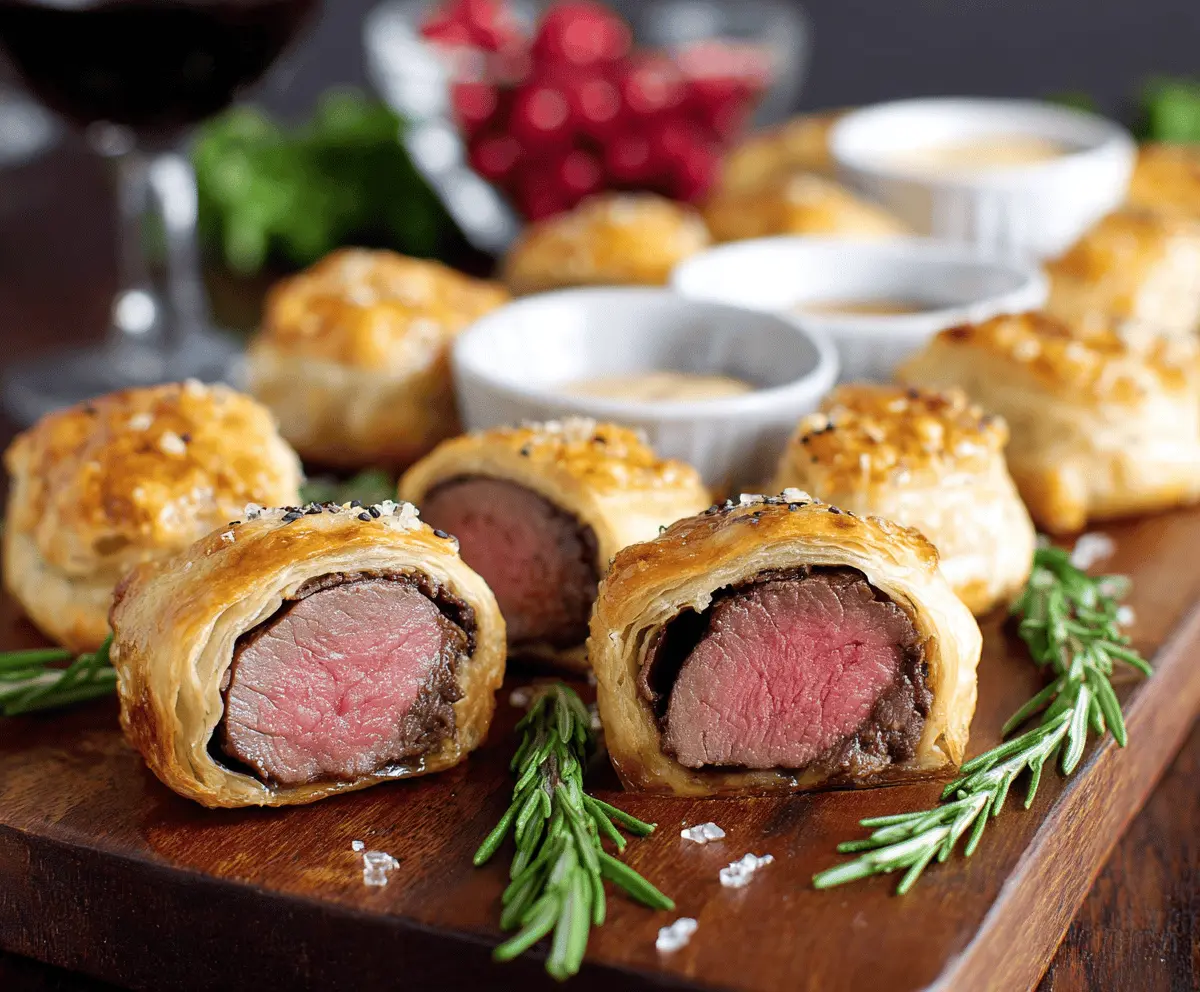 Delicious Beef Wellington Bites served on a platter with a golden, flaky pastry exterior and tender beef filling.