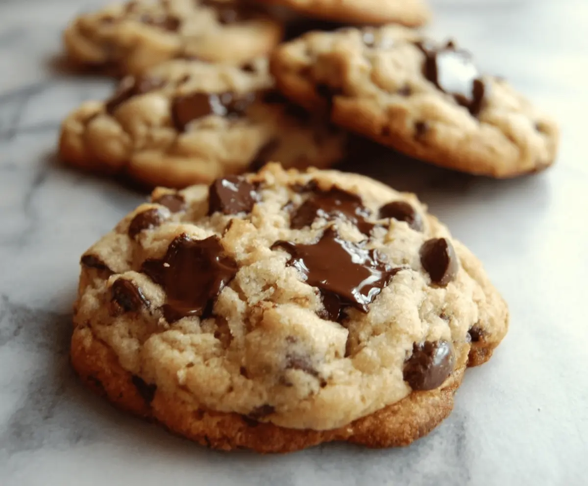 Delicious homemade Bills Chocolate Chip Cookies fresh out of the oven, showcasing golden edges and melted chocolate chips.