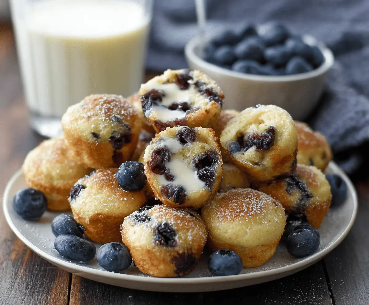 Delicious blueberry pancake bites served on a plate with fresh blueberries and syrup, perfect for breakfast or brunch.