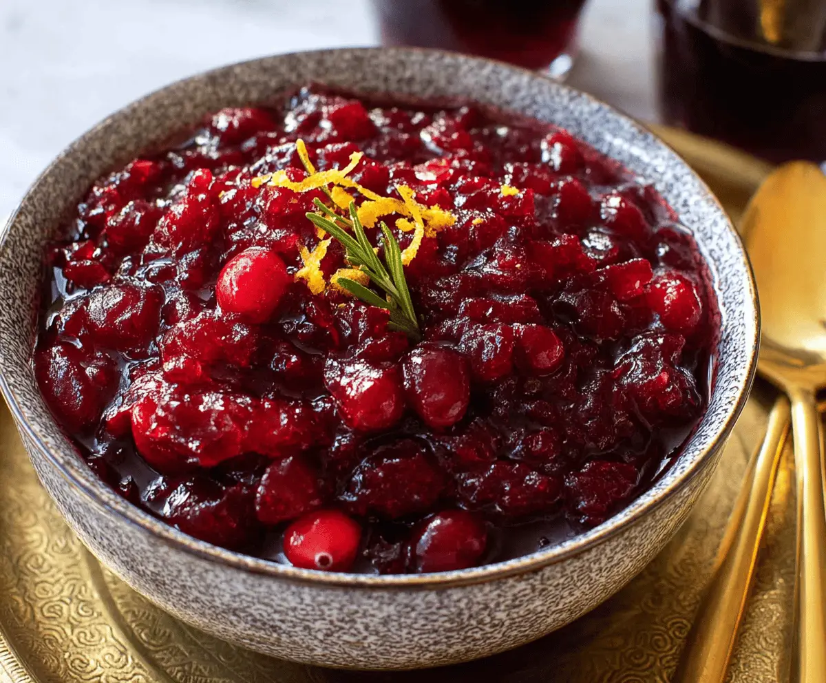 Delicious homemade bourbon cranberry sauce in a glass dish for festive holidays
