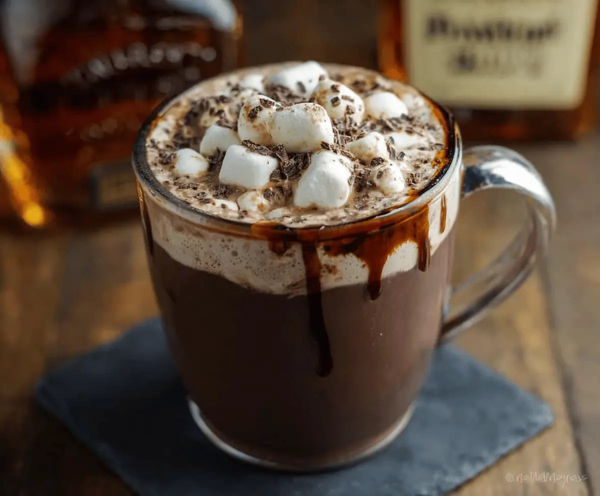 Warm bourbon spiked hot chocolate in a mug topped with whipped cream and chocolate shavings.