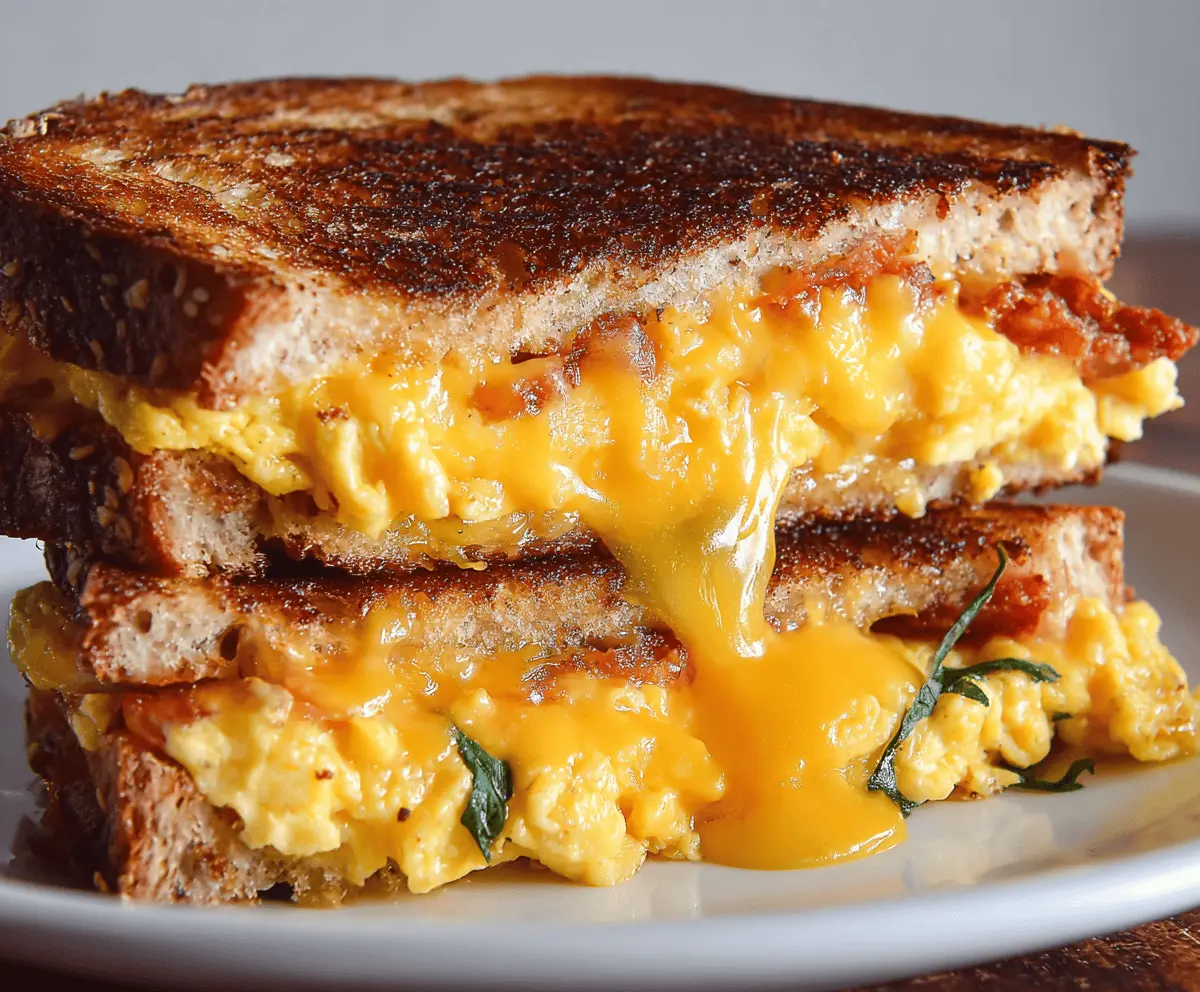 Delicious breakfast grilled cheese sandwich with melted cheese and crispy bread on a plate.