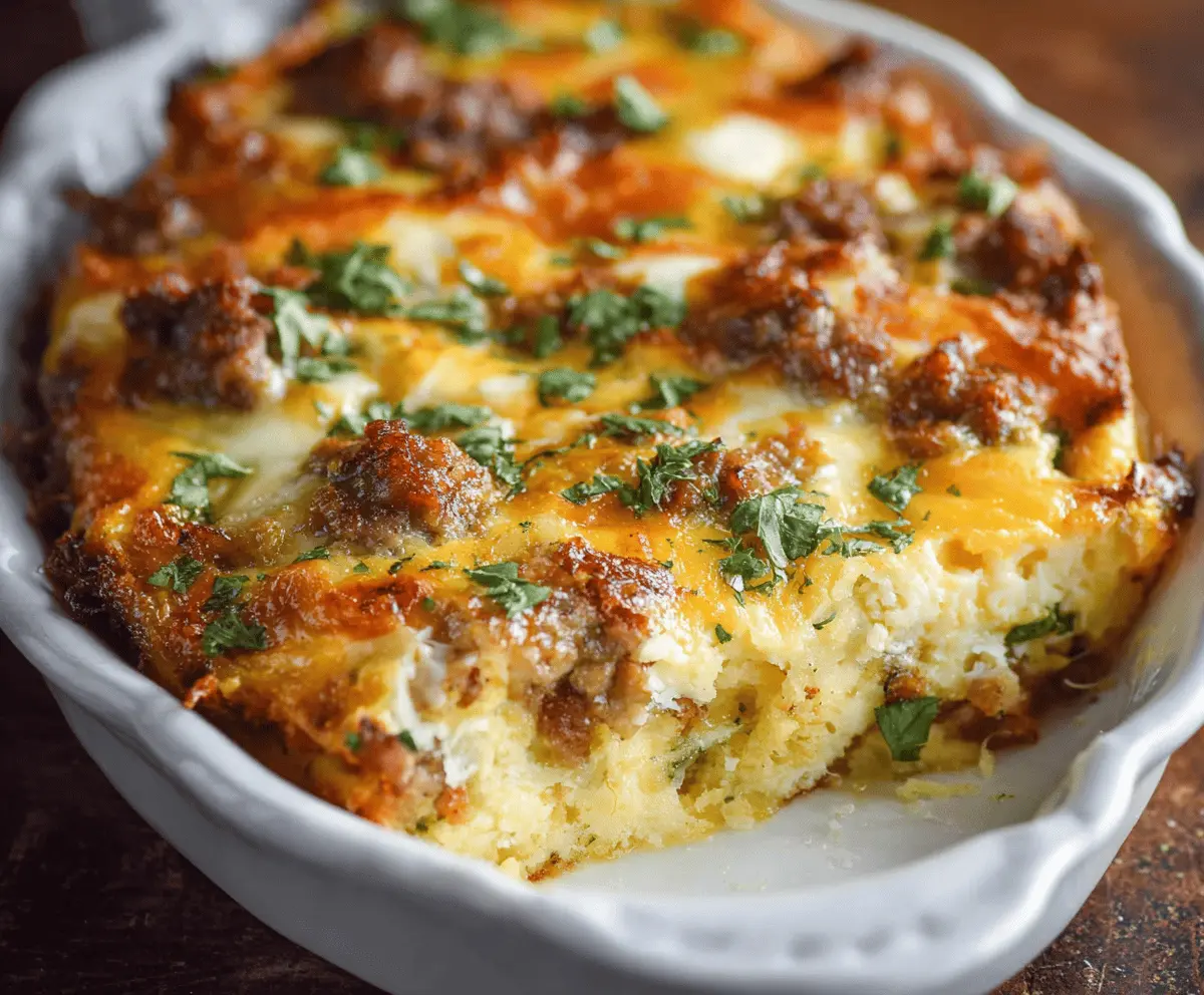 Delicious breakfast sausage casserole with eggs, cheese, and toast in a baking dish.
