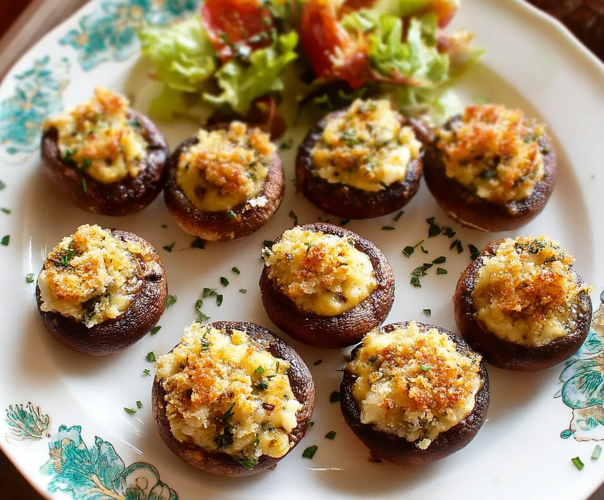 Delicious Brie stuffed mushrooms appetizer with melted cheese and fresh herbs.