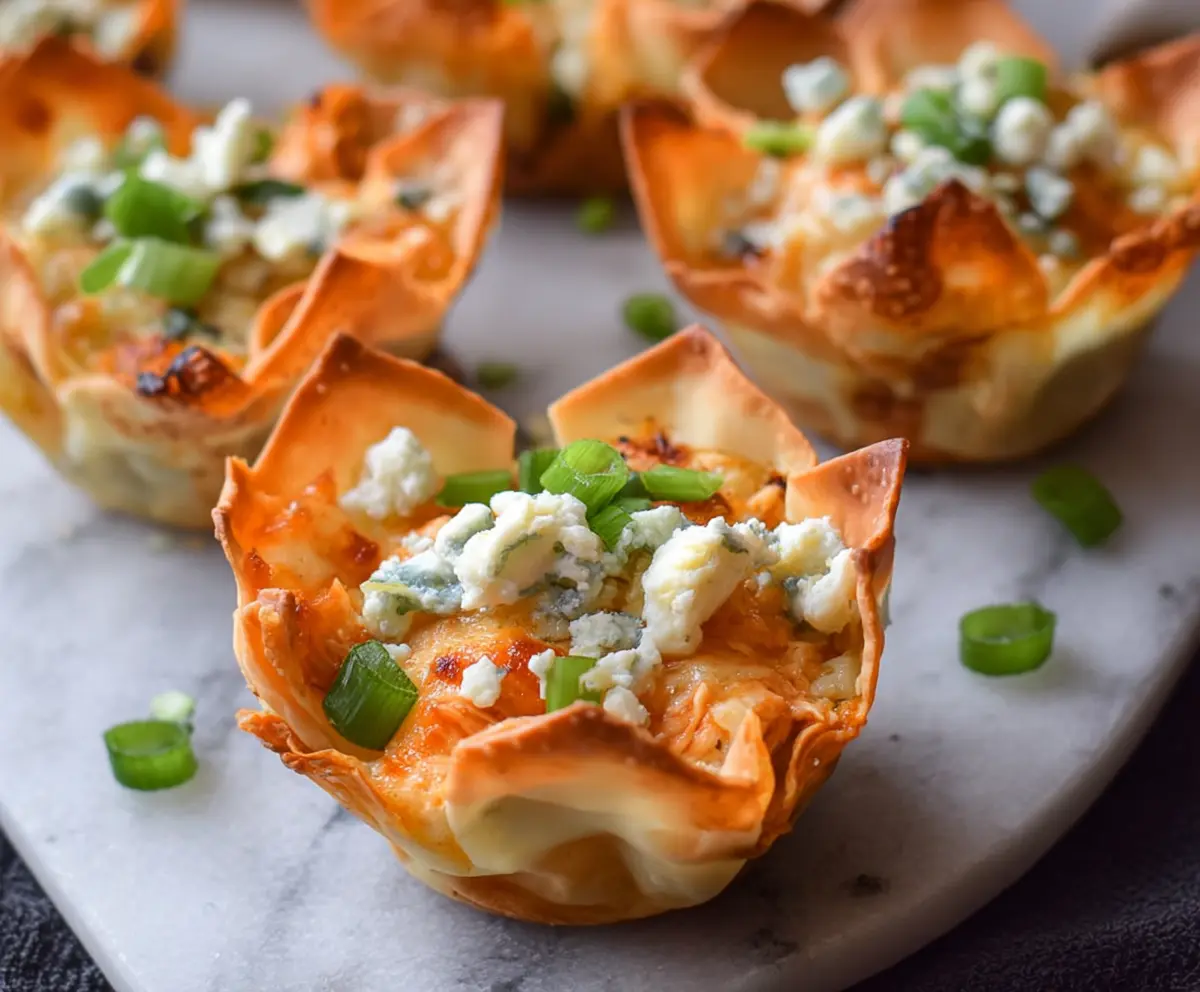 Delicious buffalo chicken wonton cups garnished with blue cheese and celery sticks.