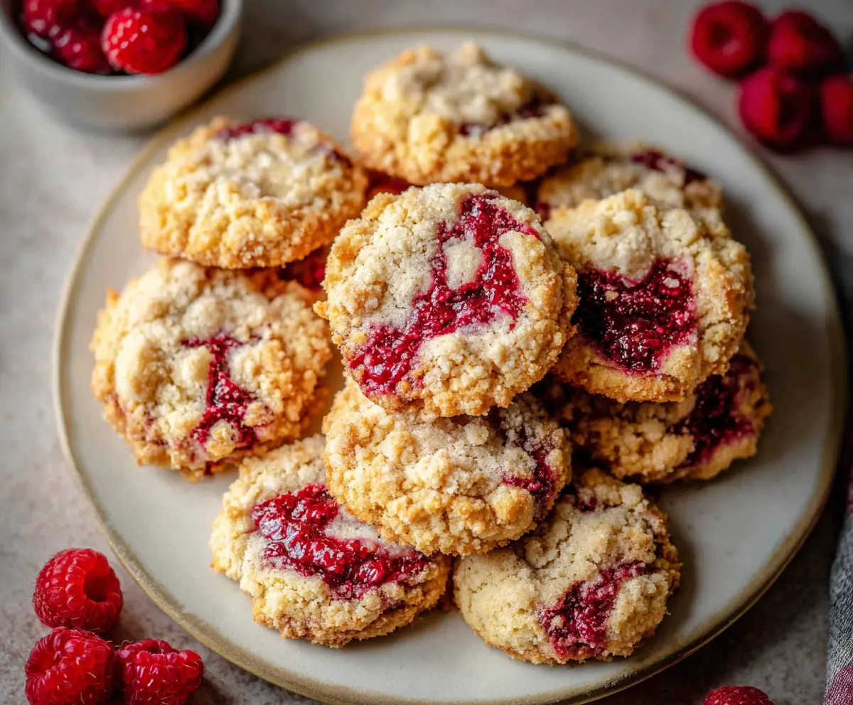 Delicious buttery raspberry crumble cookies on a plate with fresh raspberries