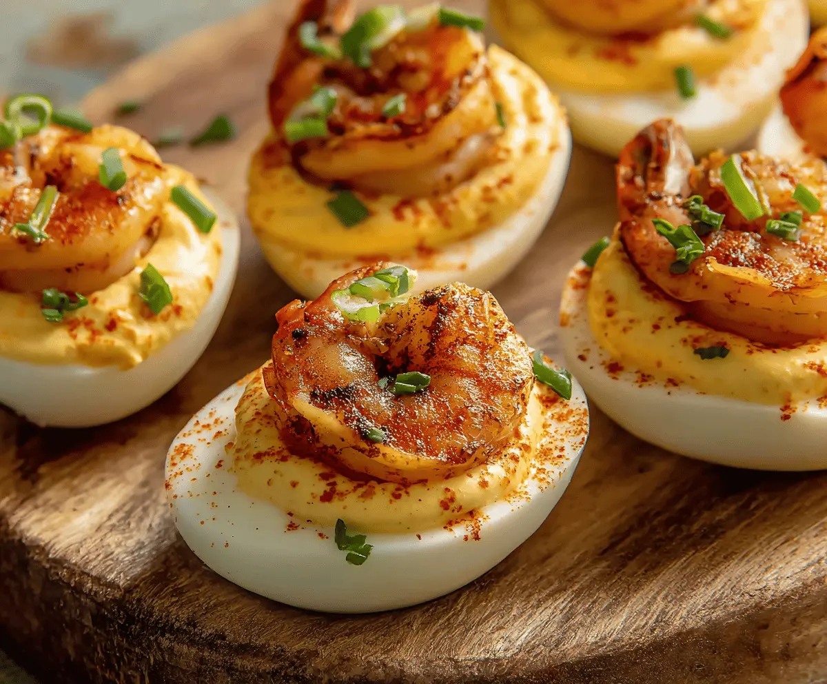 Delicious Cajun Shrimp Deviled Eggs garnished with fresh herbs on a serving platter.