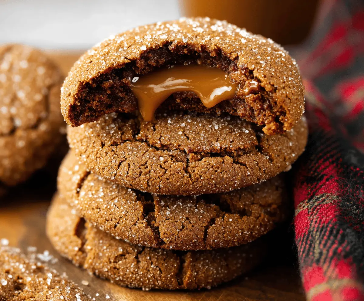 Delicious caramel-stuffed gingerbread cookies with a festive holiday design