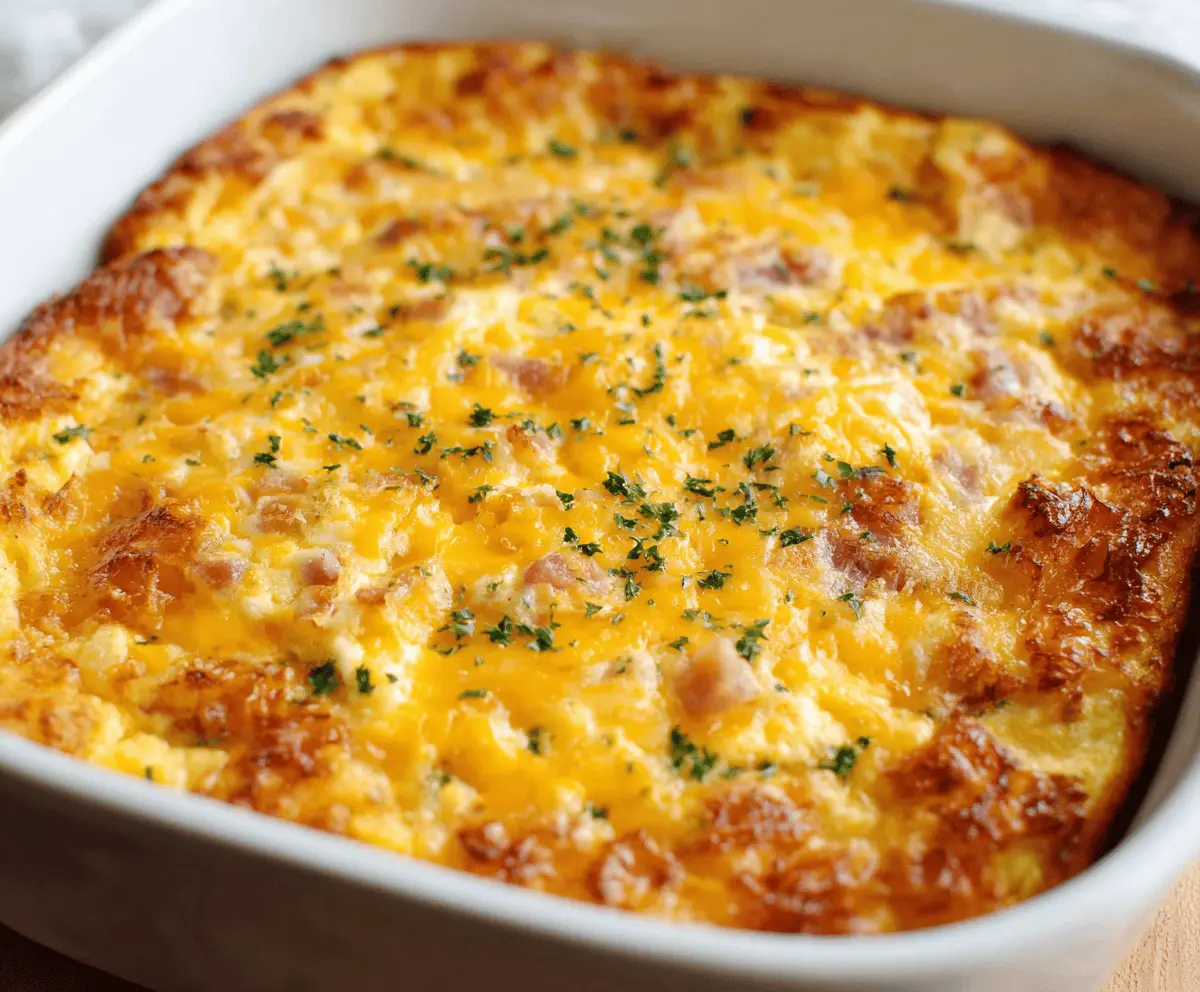 Delicious cheesy hashbrown egg casserole topped with melted cheese and fresh herbs
