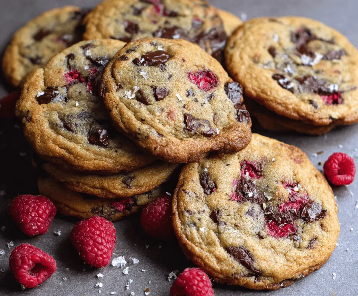 Delicious chewy raspberry chocolate chip cookies fresh out of the oven, showcasing vibrant red raspberries and melted chocolate chips.