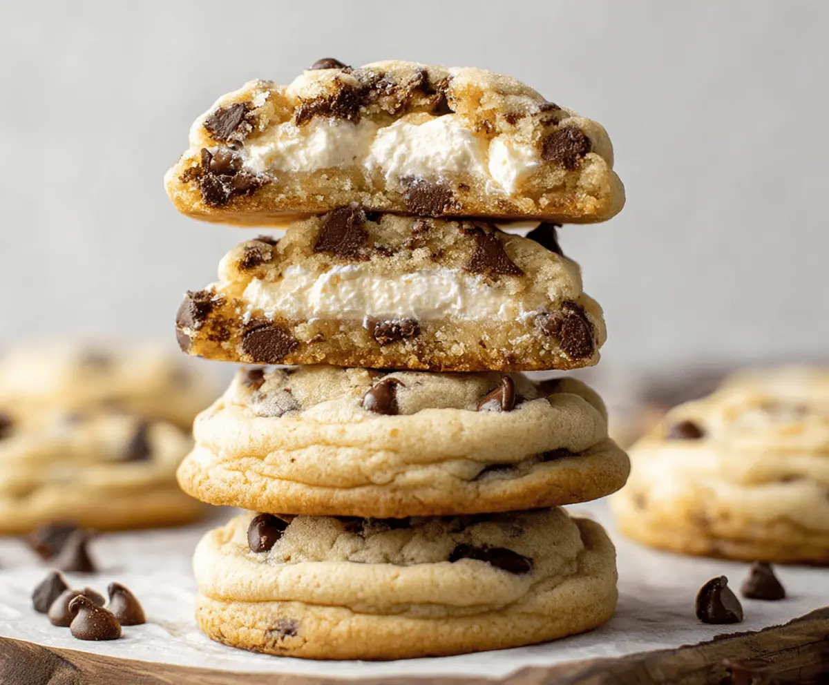 Delicious chocolate chip cheesecake cookies fresh out of the oven, featuring gooey chocolate chips and creamy cheesecake filling.