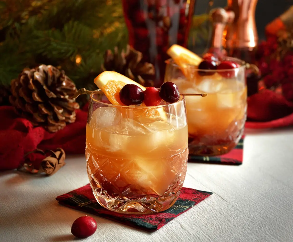 Festive Christmas Bourbon Cocktail garnished with cherries and mint in a holiday-themed glass.