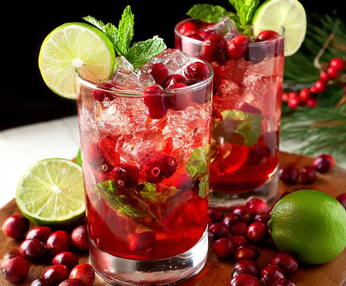 Festive Christmas Cranberry Mojito cocktail garnished with fresh cranberries and mint leaves.