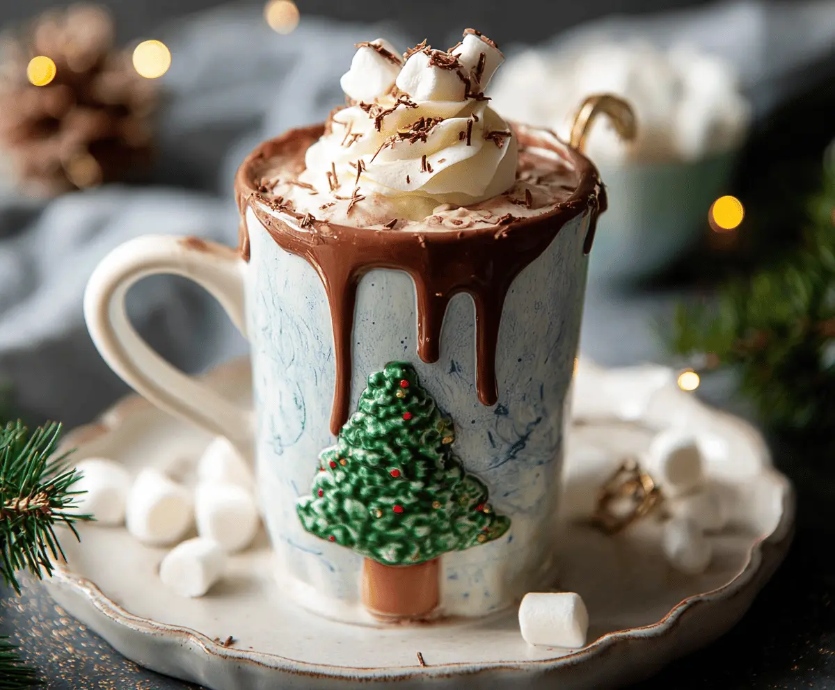 Festive Christmas hot chocolate topped with whipped cream and colorful sprinkles in a cozy mug.