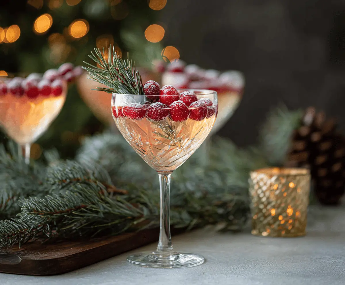 Festive Christmas Vodka Martini garnished with a cherry in a elegant glass.