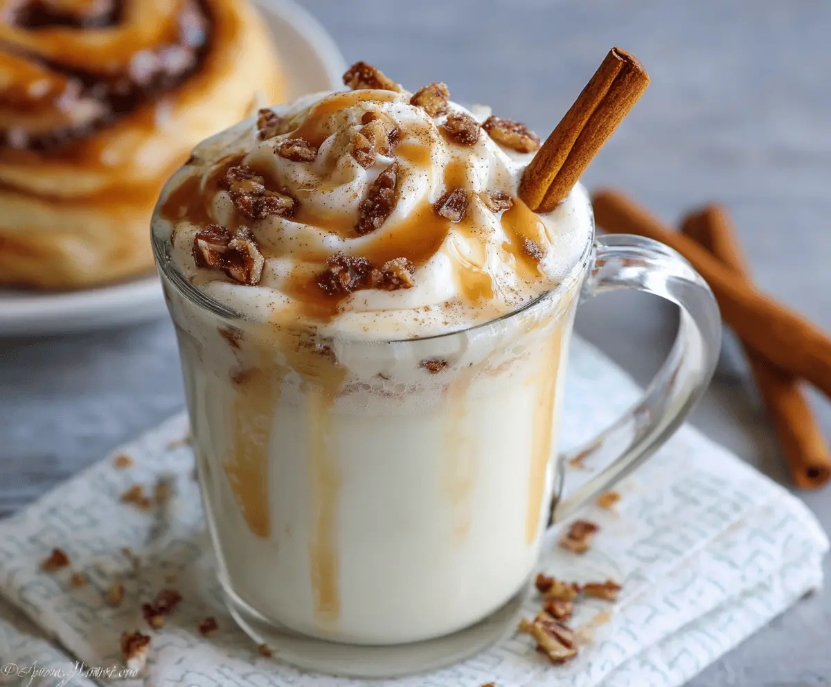 Creamy cinnamon bun white hot chocolate topped with whipped cream and cinnamon sprinkle.