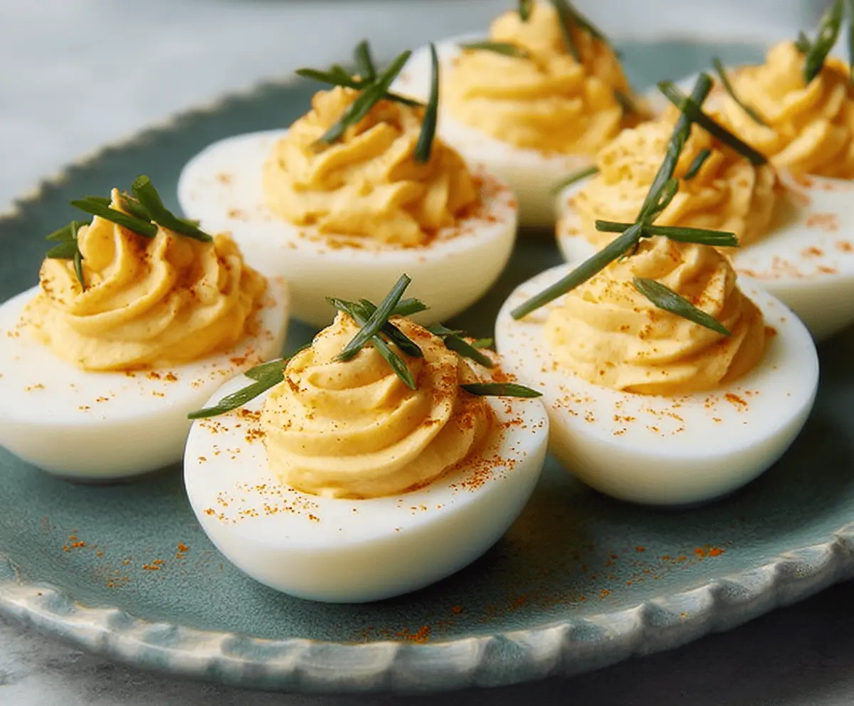 Plate of classic deviled eggs garnished with paprika and fresh herbs for a tasty appetizer.
