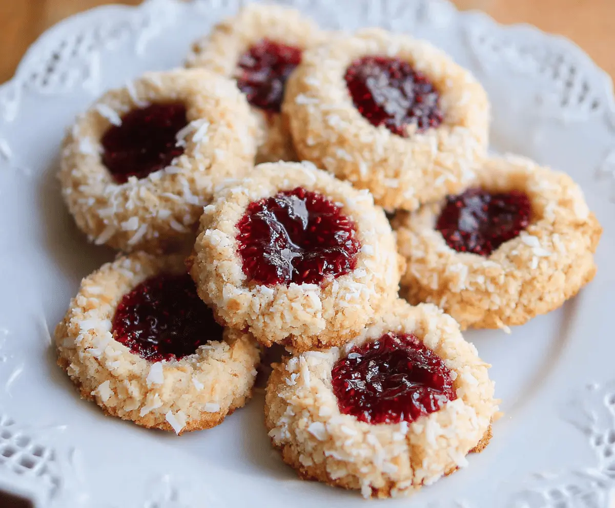 Delicious coconut raspberry thumbprint cookies on a white plate, showcasing golden-brown edges and a raspberry jam filling.