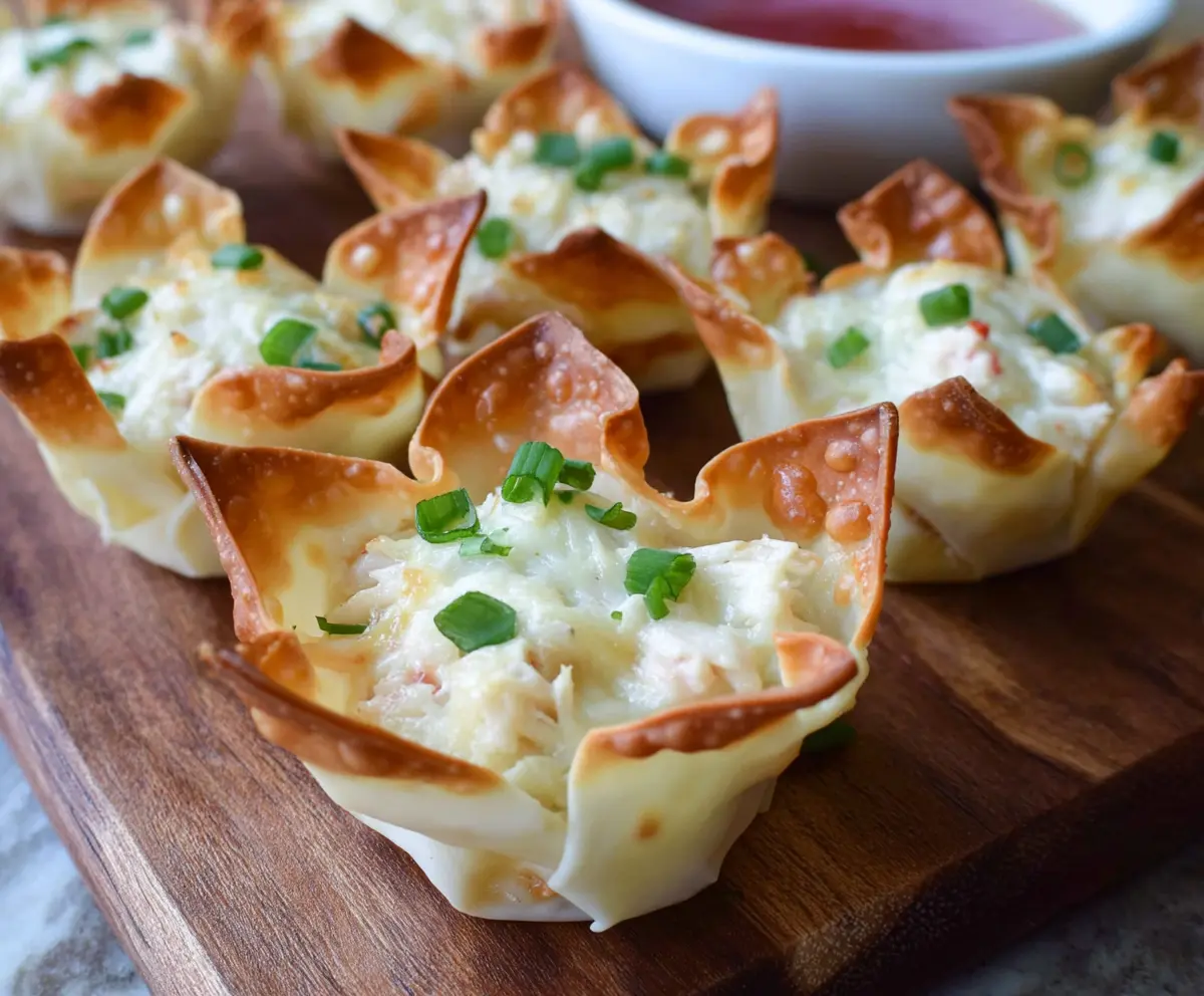 Crispy Crab Rangoon Wonton Cups with creamy filling and dipping sauce