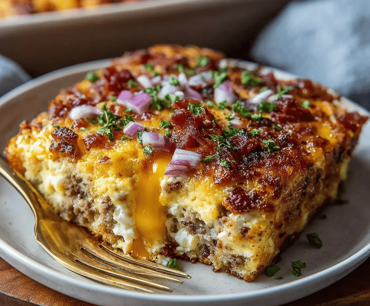 Crack Breakfast Casserole recipe with eggs, cheese, and breakfast meats in a baking dish.