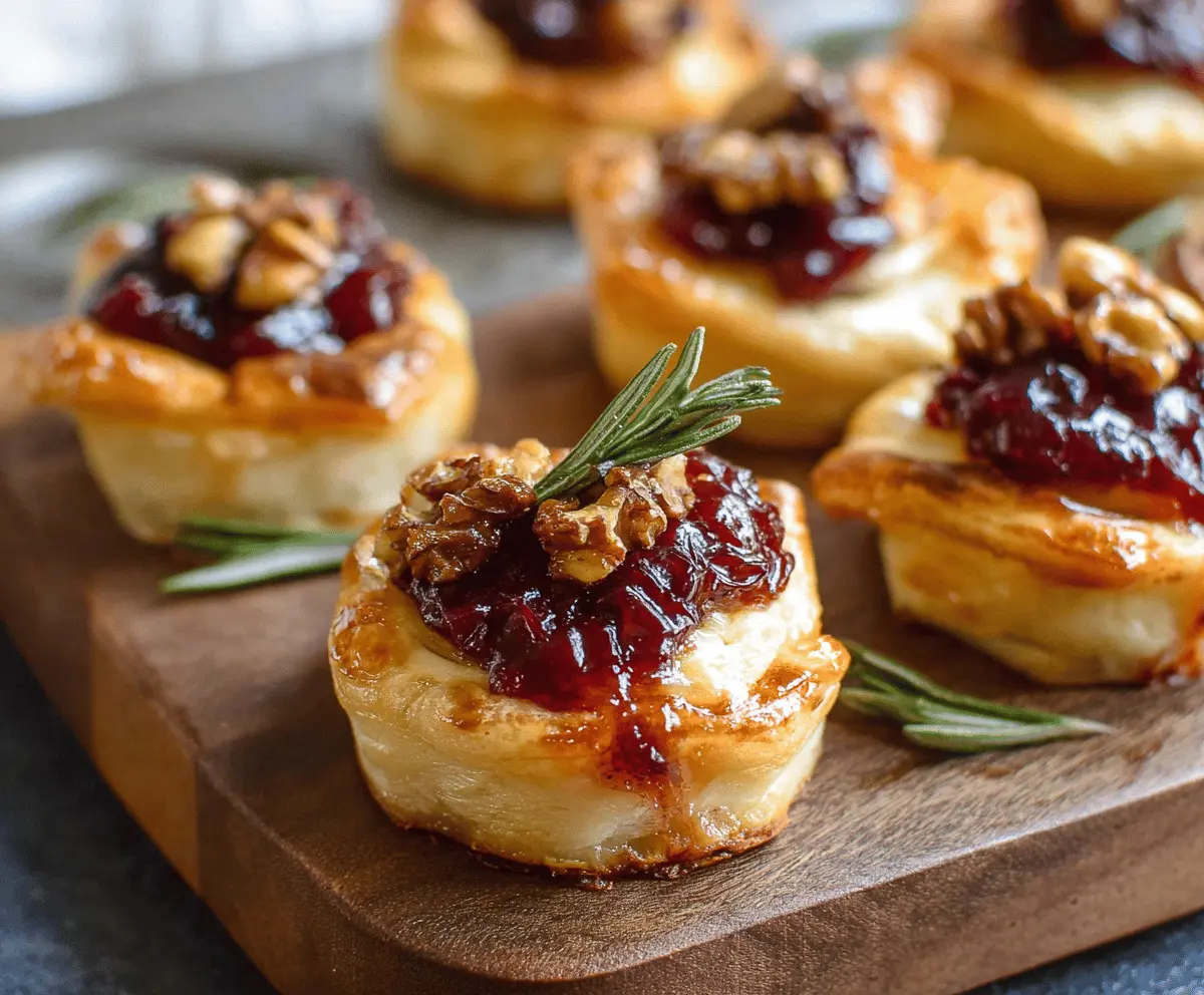 Delicious Cranberry Brie Bites with fresh cranberries and creamy brie cheese on a white platter.