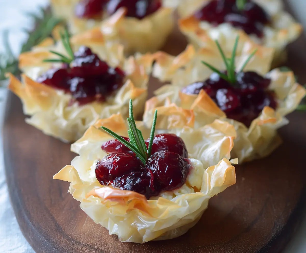 Delicious Cranberry Brie Phyllo Cups featuring golden flaky pastry, creamy brie cheese, and fresh cranberry topping perfect for appetizers.