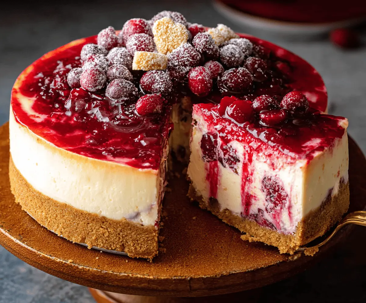 Delicious cranberry cheesecake with a creamy texture and fresh cranberry topping.