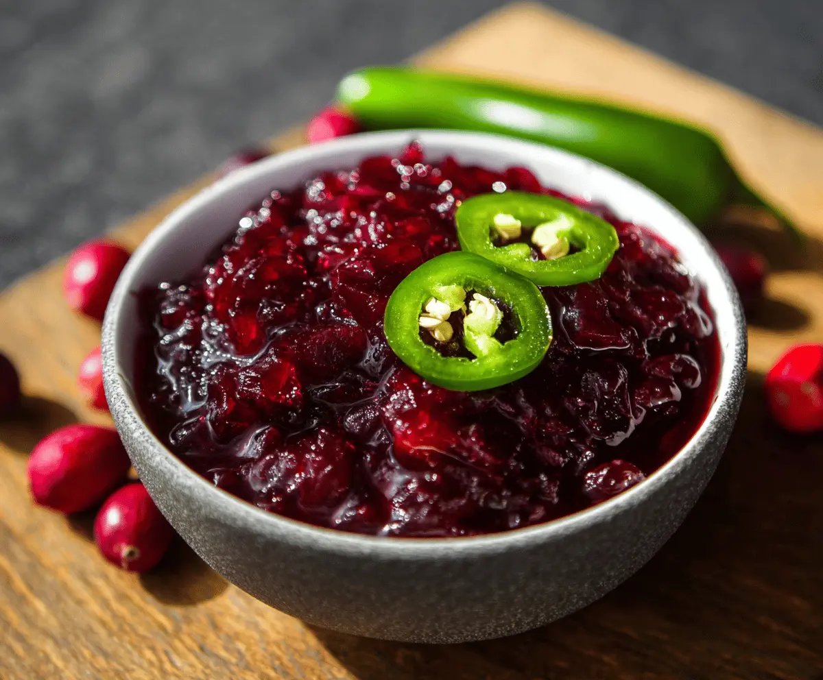 Spicy cranberry jalapeño sauce served in a bowl, garnished with fresh herbs.