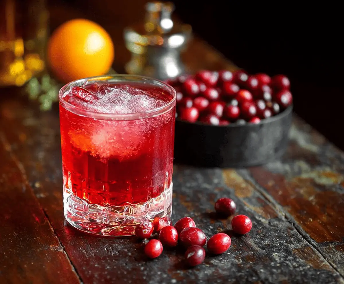 Refreshing Cranberry Negroni cocktail garnished with fresh cranberries and an orange slice.