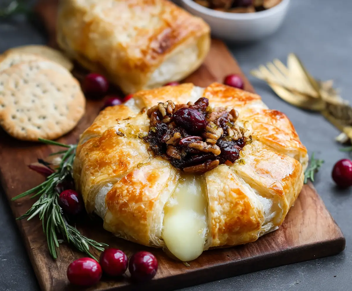 Delicious Cranberry Pecan Brie wrapped in flaky puff pastry, ready to serve as an elegant appetizer.