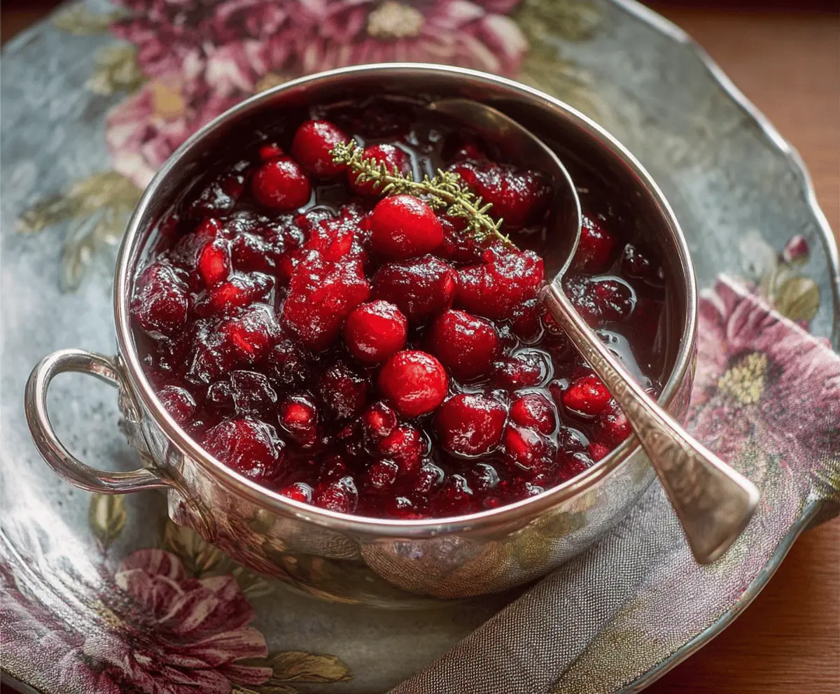 Delicious homemade cranberry pomegranate sauce in a bowl with fresh cranberries and pomegranate seeds