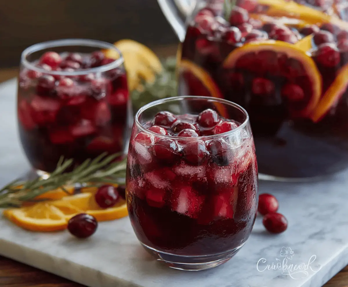 Refreshing cranberry sangria glass garnished with fresh cranberries and orange slices.