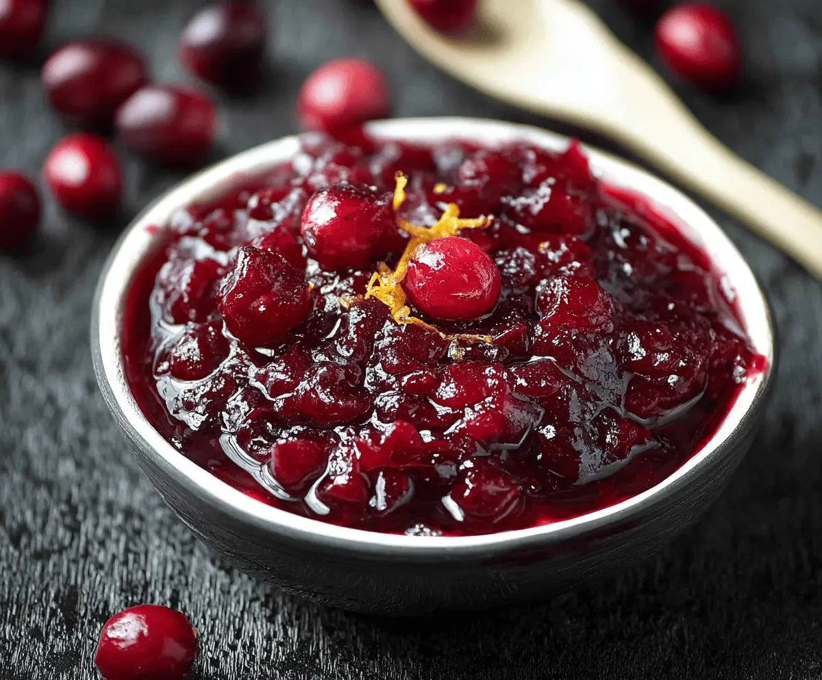 Delicious homemade Cranberry Vanilla Sauce with fresh berries and a vanilla bean garnish