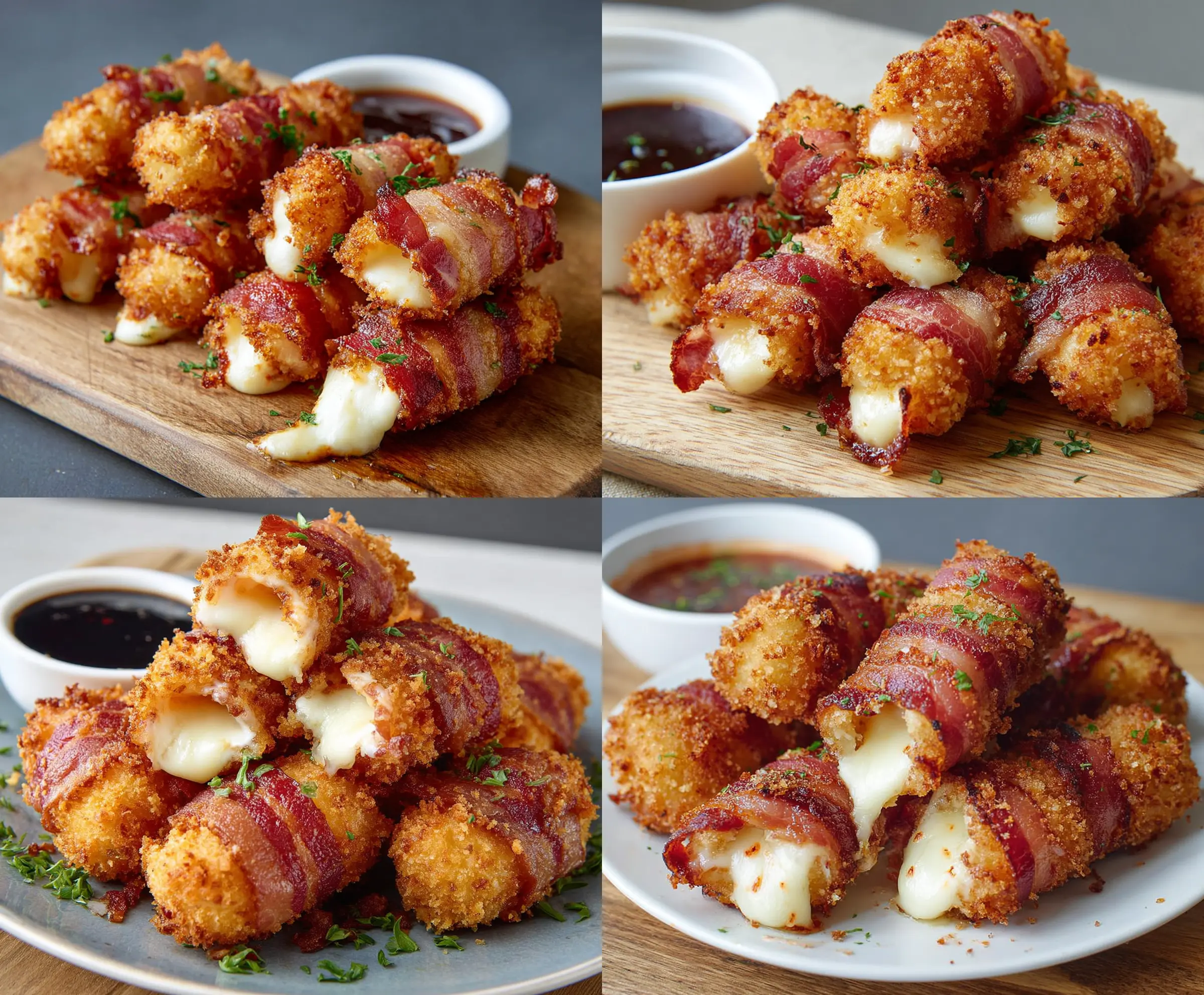 Crispy bacon-wrapped mozzarella poppers with melted cheese and golden crust