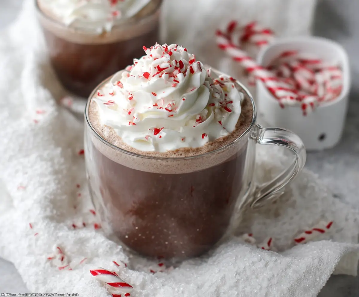 Warm Crockpot Peppermint Hot Chocolate topped with whipped cream and peppermint candies in a cozy kitchen setting.
