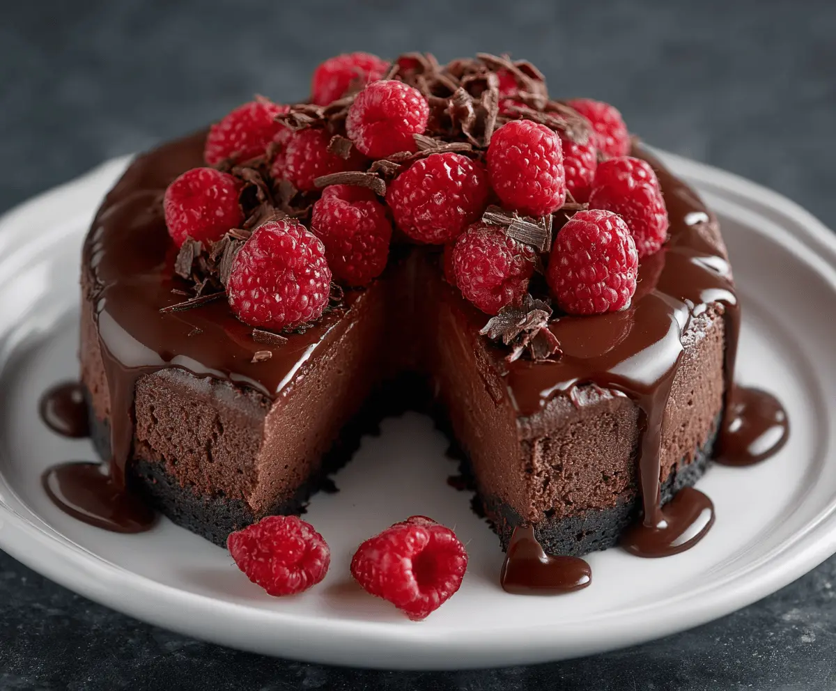 Rich dark chocolate raspberry cheesecake with a glossy berry topping served on a white plate.