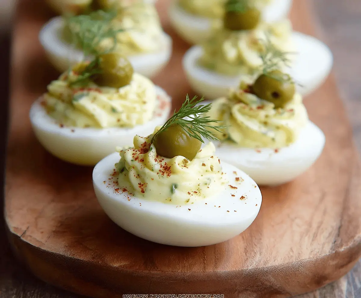 Creamy dill pickle deviled eggs garnished with fresh herbs on a white plate.