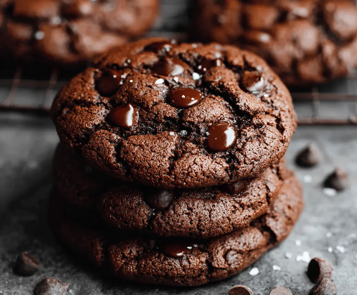 Delicious double chocolate chip cookies fresh out of the oven with gooey chocolate chips and crispy edges.