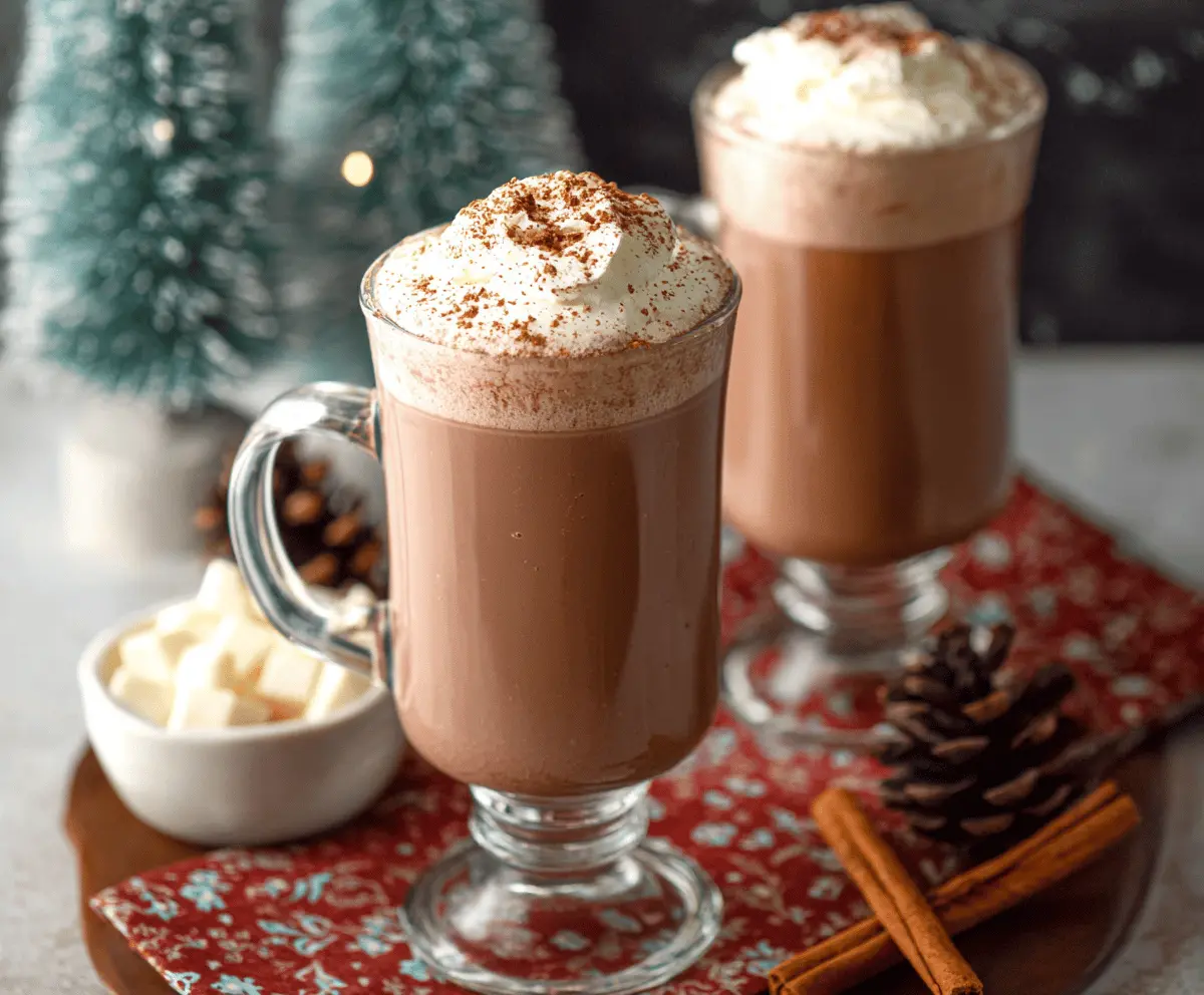 Creamy Eggnog Hot Chocolate in a mug topped with whipped cream and a cinnamon stick
