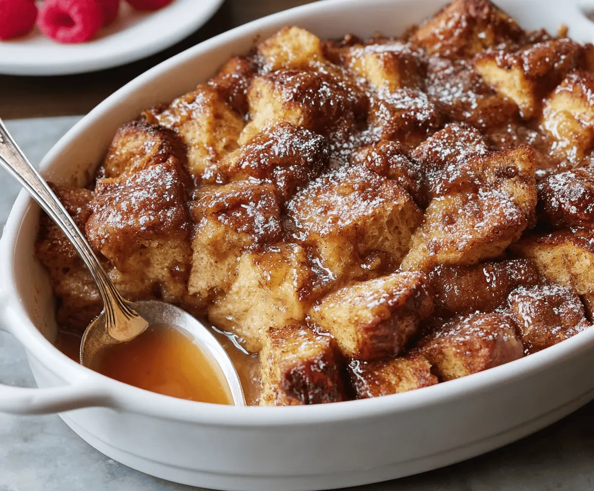 Delicious French Toast Casserole topped with powdered sugar and fresh berries
