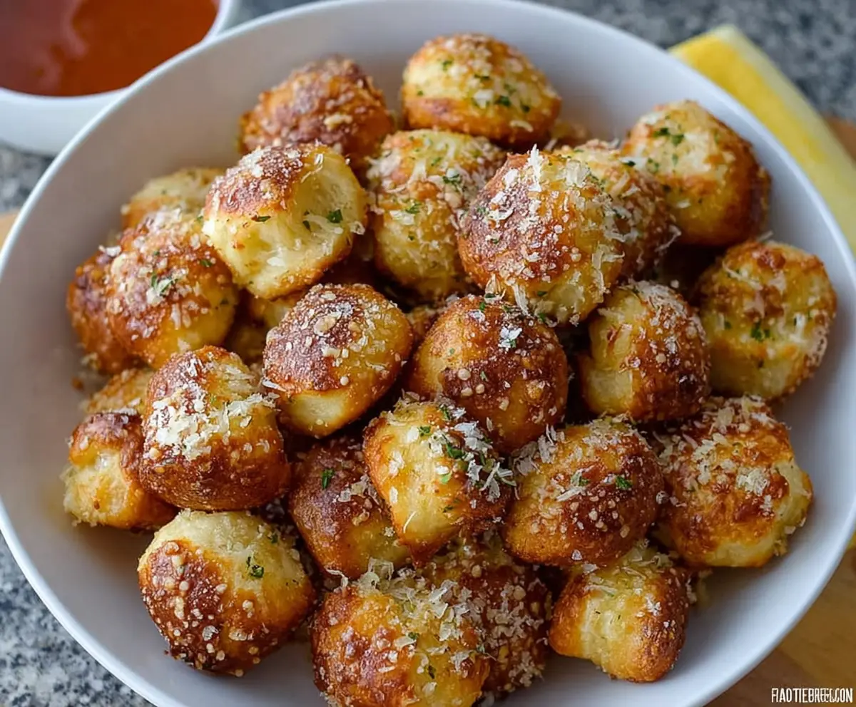 Golden garlic parmesan pretzel bites served with a dipping sauce, perfect for snacking.