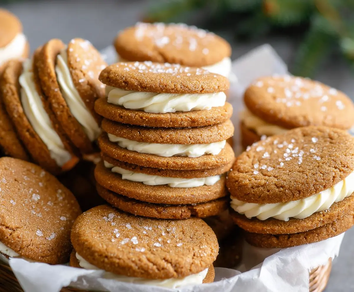 Delicious gingerbread sandwich cookies with creamy filling on a festive holiday plate