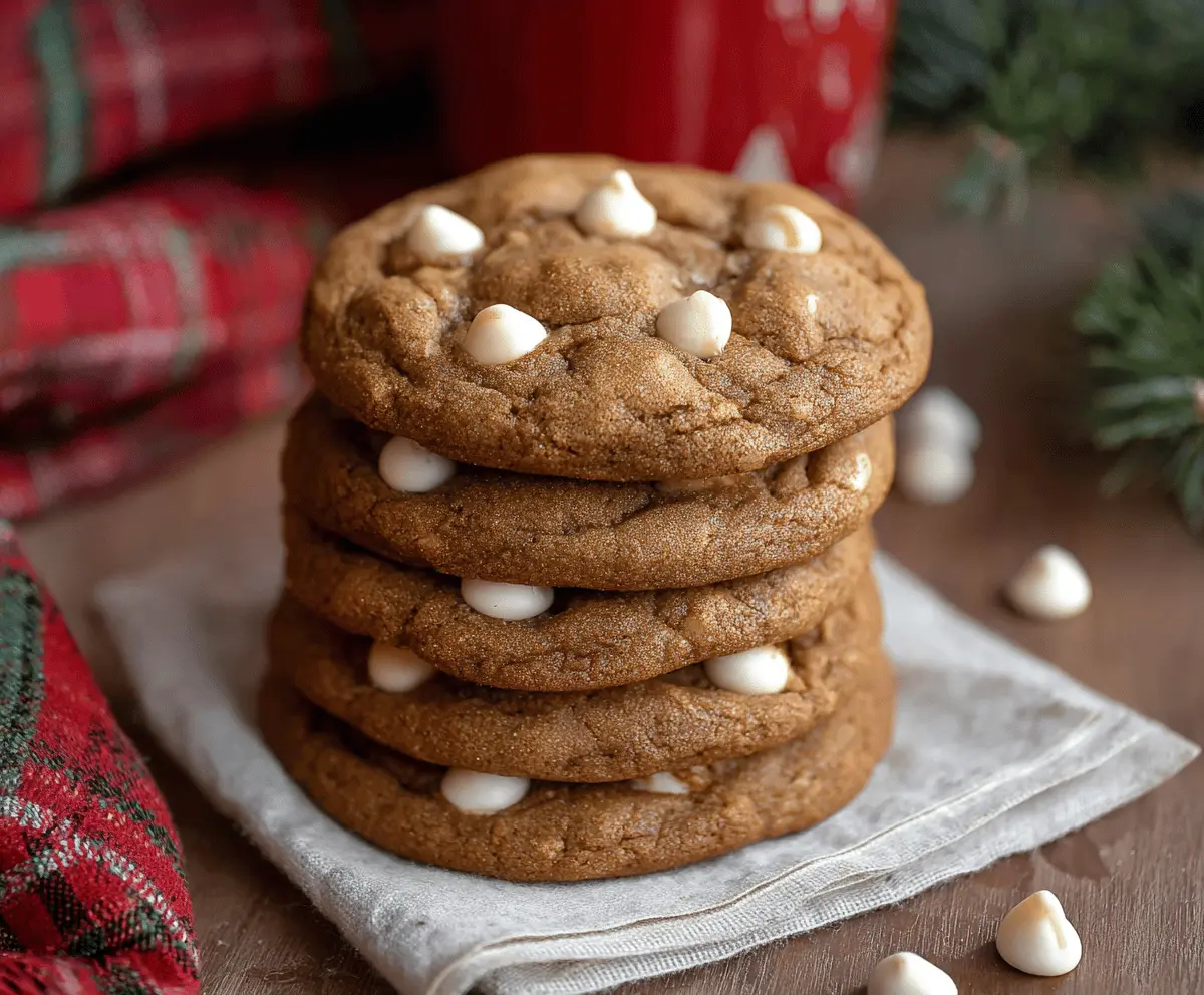 Delicious gingerbread cookies with white chocolate chips on a festive plate.