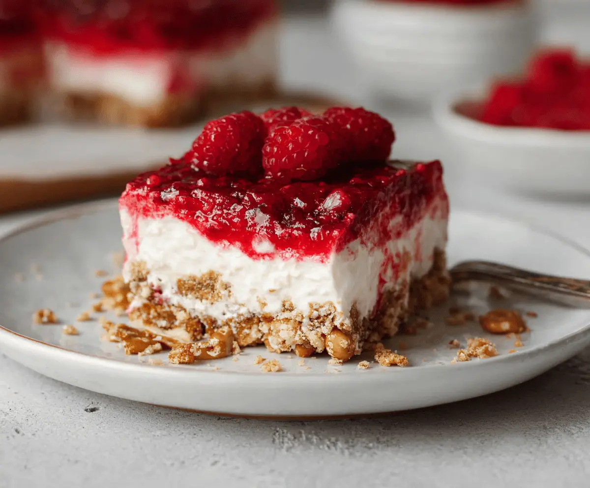 Delicious gluten-free raspberry pretzel salad in a glass dish with fresh berries and crushed pretzels.